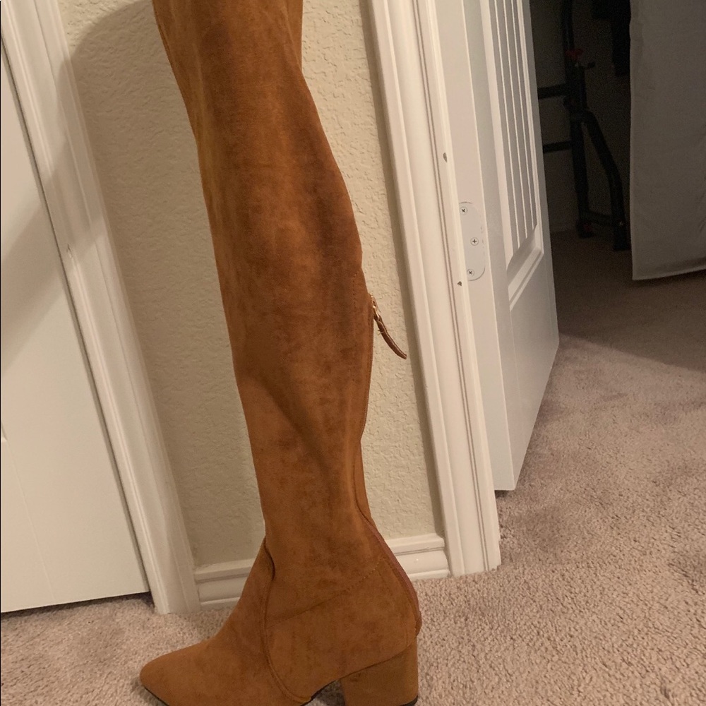 “Marlo” Tan Over the Knee Suede Leather Boots,